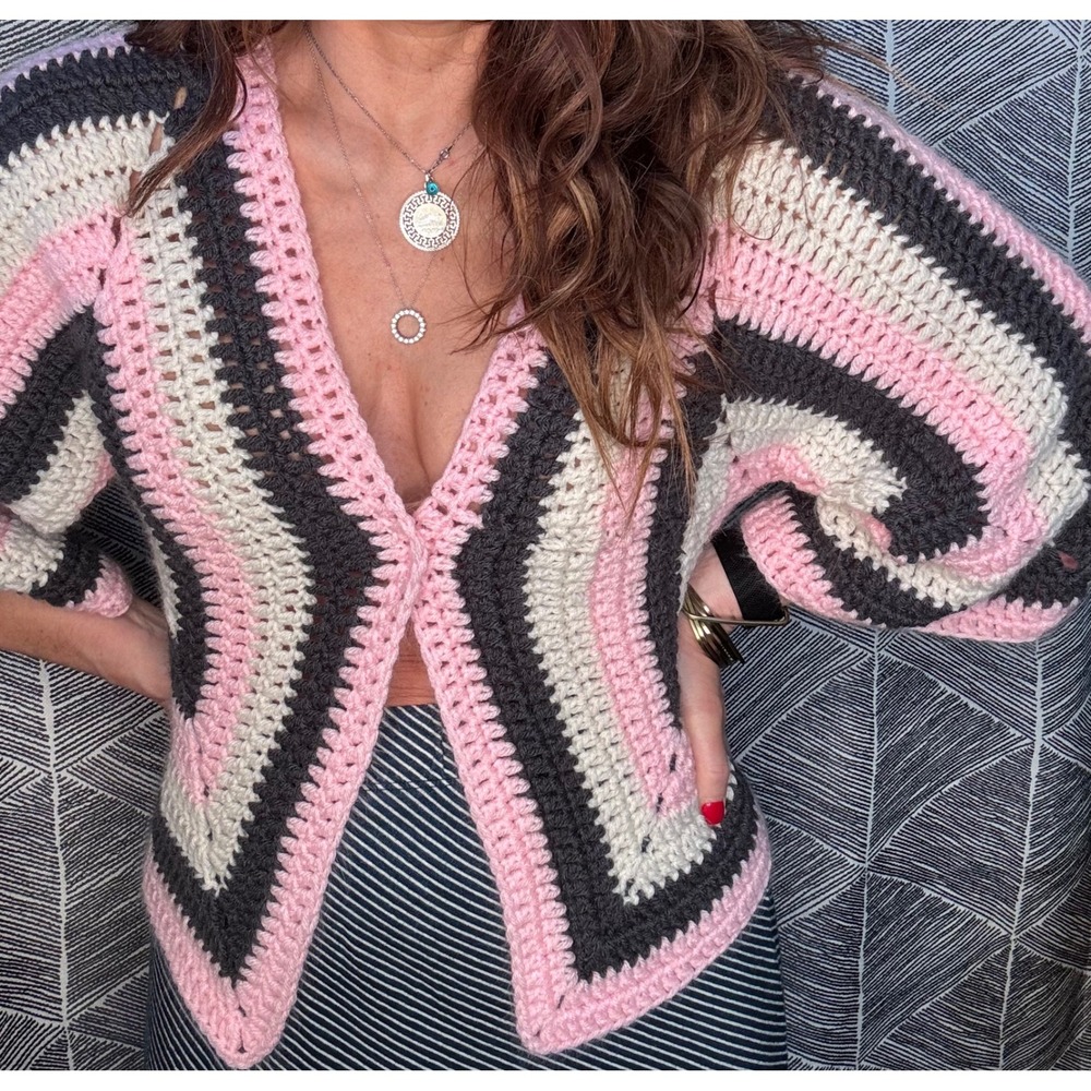 Boho Handmade Crochet Hexagon Cardigan Pink‎ Grey Striped Open Front Sweater M/L